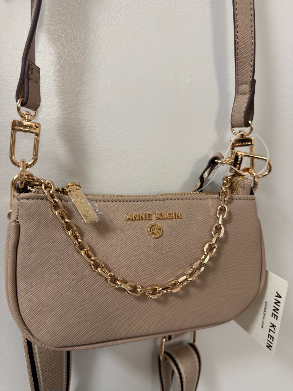 Anne Klein Beige Taupe Crossbody with Gold Chain Trim